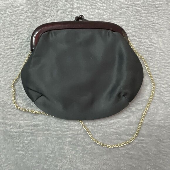 Vintage Black Silk Bag Gold Chain Classy Chic Festival Unique Glamorous Hand Bag - Picture 7 of 8